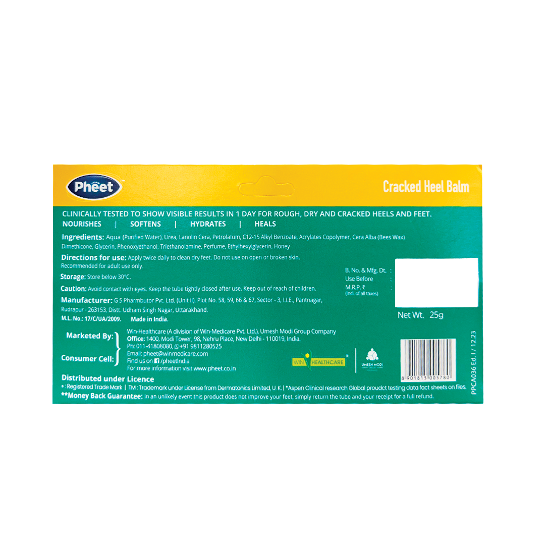 Pheet Cracked Heel Balm packaging with text and branding on a white background