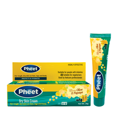 Pheet dry skin cream packaging with tube and box on a white background