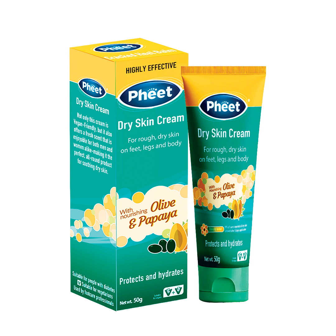 Pheet Dry Skin Cream packaging with tube and box on a white background