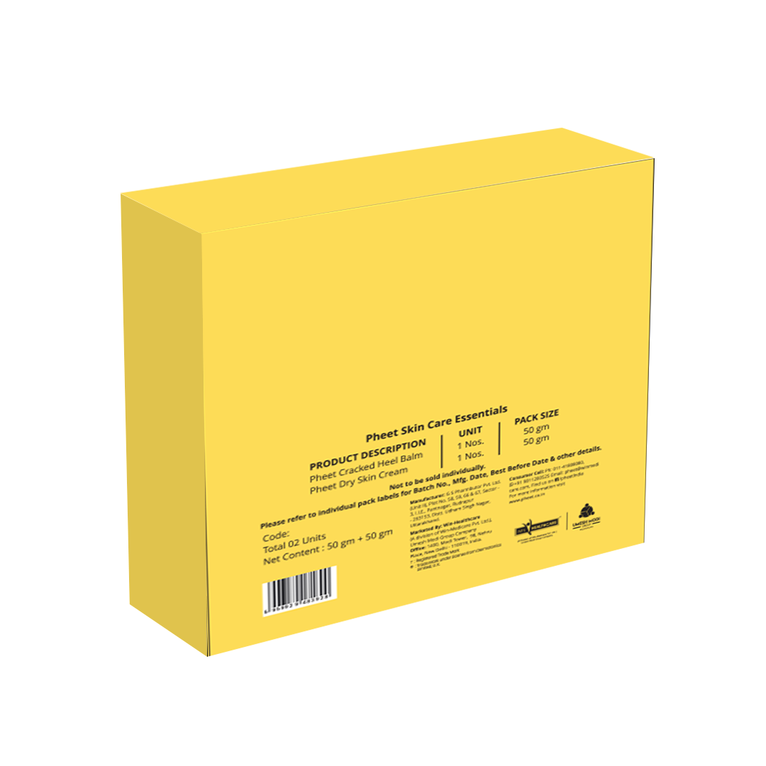 Yellow Pheet Skin Care Essentials box with cracked heel balm and dry skin cream details