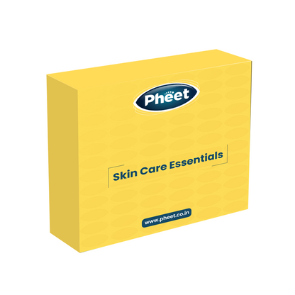 Pheet Skin Care Essentials gift box packaging in yellow, premium skincare combo for dry skin and cracked heels with Manuka honey